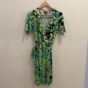 Lilly Pulitzer Green and Black Leaf-Print Wrap Midi Dress
